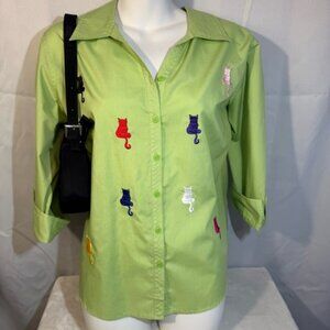 Lasolas Green Embroidered Cat Button Up Shirt Medium Y2K